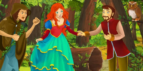 Scène de dessin animé avec une jeune fille heureuse princesse et sorcière sorcière dans la forêt rencontrant une paire de hiboux volant illustration pour enfants — Photo