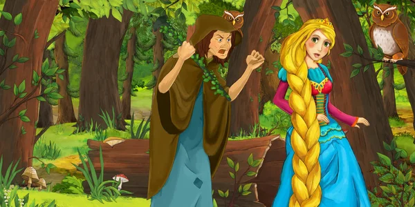 Scena del cartone animato con felice ragazza principessa e strega strega nella foresta incontrando coppia di gufi che volano - illustrazione per bambini — Foto Stock