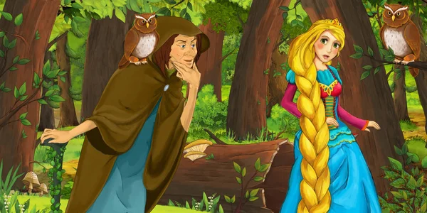 Scène de dessin animé avec une jeune fille heureuse princesse et sorcière sorcière dans la forêt rencontrant une paire de hiboux volant illustration pour enfants — Photo