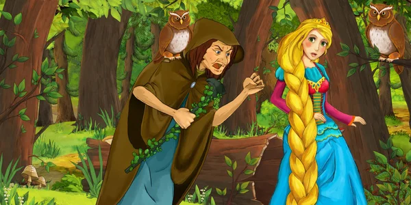 Καρτούν σκηνή με ευτυχισμένο νεαρό κορίτσι πριγκίπισσα και μάγισσα μάγισσα στο δάσος συναντά το ζευγάρι των κουκουβάγιες που πετούν-εικόνα για τα παιδιά — Φωτογραφία Αρχείου