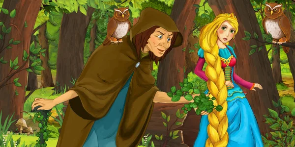 Kreslená scéna s šťastnou mladou dívkou princeznou a čarodějnicí v lese, která se setkala s pár létajících v letu pro děti — Stock fotografie