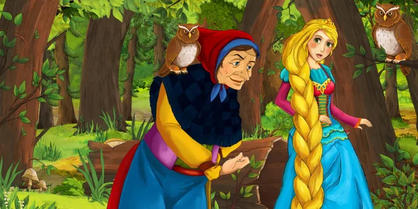 Cena dos desenhos animados com feliz jovem princesa e bruxa feiticeira na floresta encontrando par de corujas voando ilustração para crianças — Fotografia de Stock