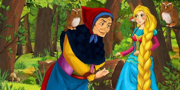 Tecknad scen med lycklig ung flicka prinsessa och Sorceress häxa i skogen möter par ugglor flygande-illustration för barn — Stockfoto