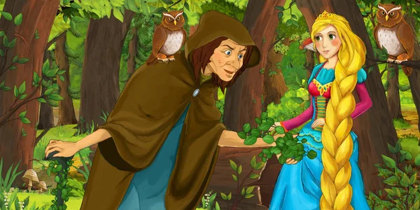 Escena de dibujos animados con la joven princesa feliz y bruja bruja en el bosque encuentro par de búhos volando - ilustración para los niños —  Fotos de Stock