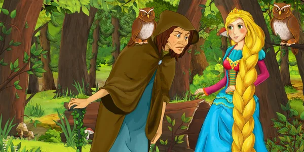 Karikatúra jelenet boldog fiatal lány hercegnő és varázslónő boszorkány az erdőben találkozás pár baglyok repülő-illusztráció gyerekeknek — Stock Fotó