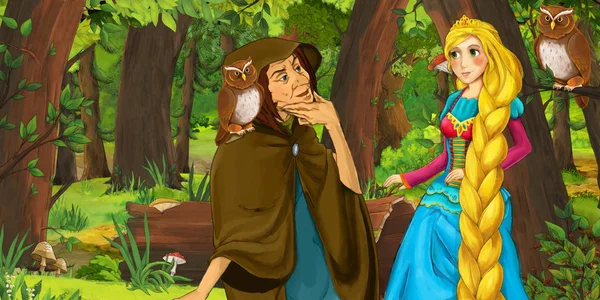 Escena de dibujos animados con la joven princesa feliz y bruja bruja en el bosque encuentro par de búhos volando - ilustración para los niños —  Fotos de Stock