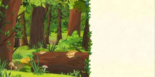 Мультяшная сцена леса и луга с совами - титульная страница с местом для текста - иллюстрация для детей — стоковое фото