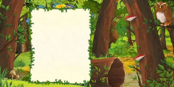 Cena dos desenhos animados da floresta e do prado com corujas - página de rosto com espaço para texto - ilustração para crianças — Fotografia de Stock