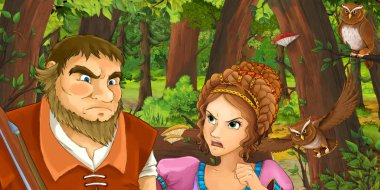 yaşlı adam çiftçi veya avcı uçan baykuş çifti karşılaşan ormanda bazı prenses konuşurken karikatür sahne - çocuklar için illüstrasyon