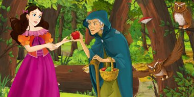 mutlu genç kız prenses ve büyücü cadı ile çizgi film sahnesi uçan baykuş çifti karşılaşarak - çocuklar için illüstrasyon