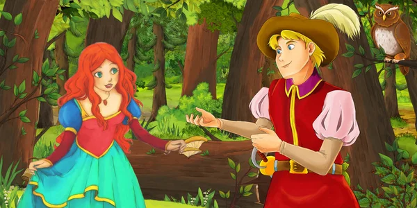 Cartoon-Szene mit fröhlichen jungen Mädchen und Jungen Prinz und Prinzessin im Wald begegnen zwei Eulen fliegen - Illustration für Kinder — Stockfoto