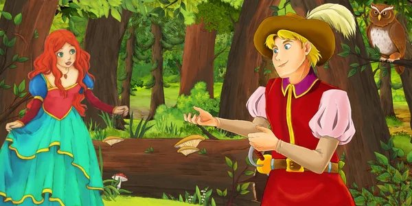 Tecknad scen med lycklig ung flicka och pojke prins och prinsessa i skogen möter par ugglor flygande-illustration för barn — Stockfoto