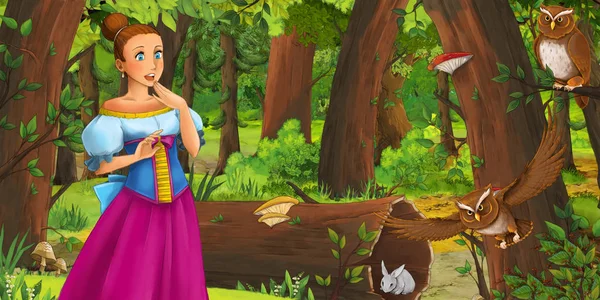 Karikatúra jelenet boldog fiatal lány és a fiú herceg és hercegnő az erdőben találkozás pár baglyok repülő-illusztráció gyerekeknek — Stock Fotó