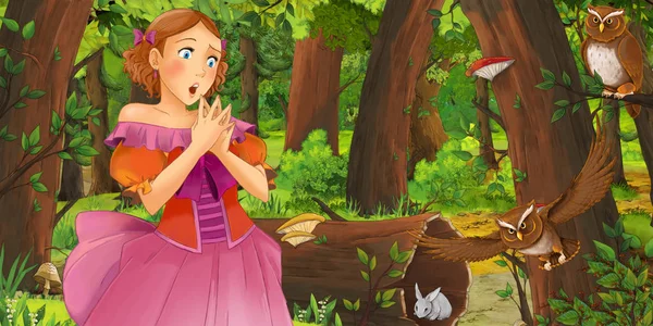 Cartoon scene with happy young girl and boy prince and princess in the forest encountering pair of owls flying - illustration for children — Stock Photo, Image