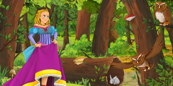 Cena dos desenhos animados com a menina feliz e menino príncipe e princesa na floresta encontrando par de corujas voando - ilustração para crianças — Fotografia de Stock