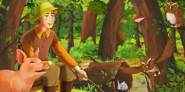 Scena del cartone animato con felice vecchio agricoltore nella foresta incontrare coppia di gufi volare - illustrazione per i bambini — Foto Stock