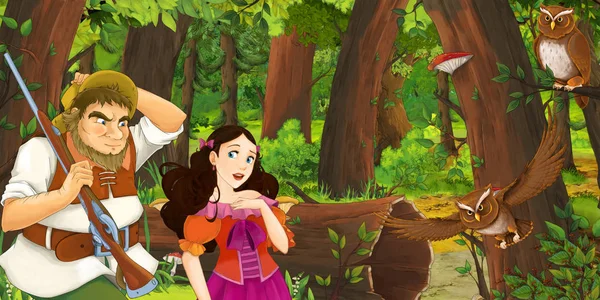 Scène de dessin animé avec un homme plus âgé agriculteur ou chasseur parlant à une princesse dans la forêt rencontrant une paire de hiboux volant illustration pour les enfants — Photo