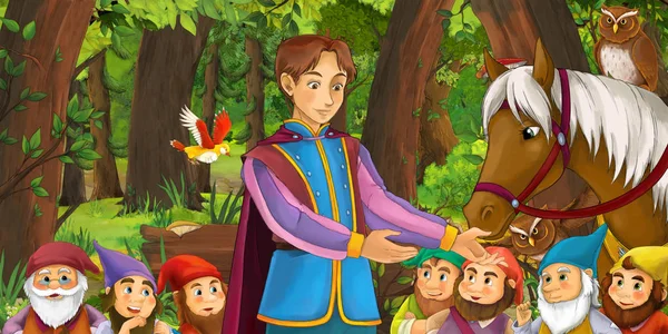 卡通场景与快乐的小男孩王子在森林遇到一对猫头鹰飞与马和侏儒 插图为儿童 — 图库照片