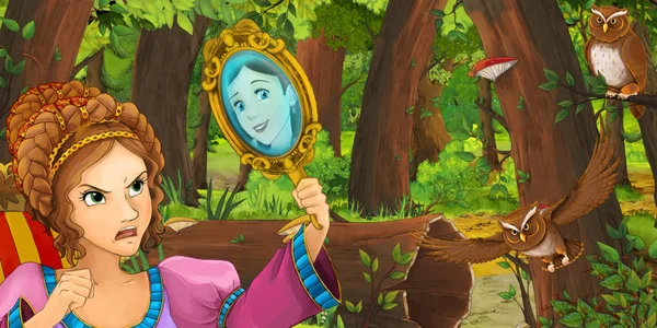 Мультяшная Сцена Счастливой Молодой Девушкой Мальчиком Принцем Принцессой Лесу Встречающей — стоковое фото