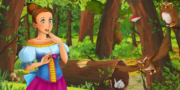 Kreslená Scéna Šťastnou Mladou Dívkou Chlapským Princem Princeznou Lese Kde — Stock fotografie