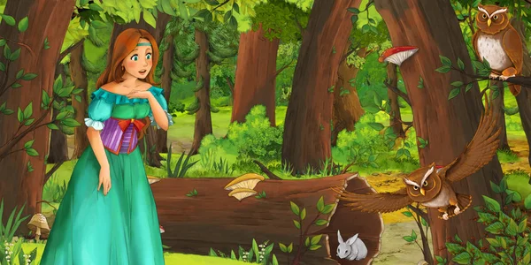 Cartoon Scene Happy Young Girl Boy Prince Princess Forest Encountering — Stock Photo, Image