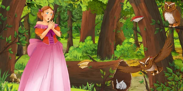 卡通场景与快乐的年轻女孩和男孩王子和公主在森林中遇到一对猫头鹰飞 插图为儿童 — 图库照片