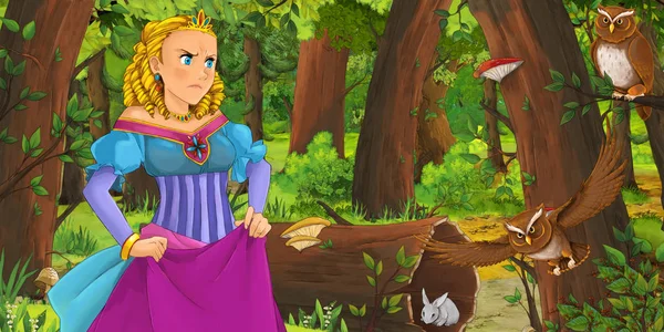 卡通场景与快乐的年轻女孩和男孩王子和公主在森林中遇到一对猫头鹰飞 插图为儿童 — 图库照片
