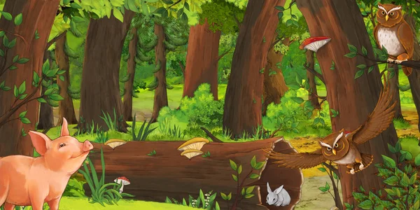 cartoon summer scene with deep forest and bird owl and rabbit - nobody on scene - illustration for children