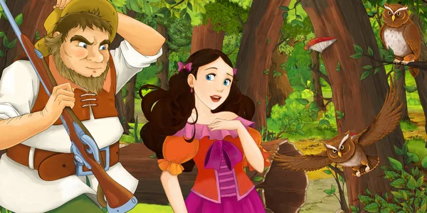 Cartoon Scene Older Man Farmer Hunter Talking Some Princess Forest — Stock Photo, Image