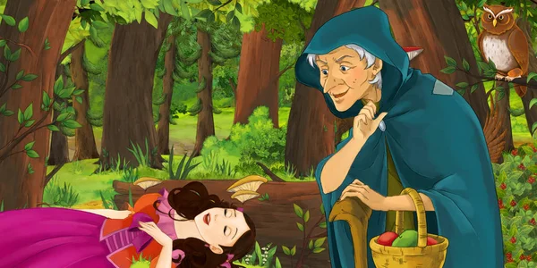 Tecknad Scen Med Lycklig Ung Flicka Prinsessa Och Sorceress Häxa — Stockfoto