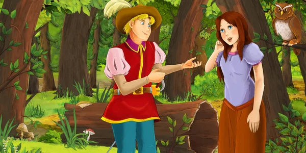 Cartoon Scene Happy Young Girl Boy Prince Princess Forest Encountering — Stock Photo, Image