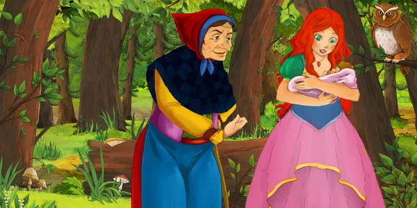 Cartoon Scene Happy Young Girl Princess Sorceress Witch Forest Encountering — Stock Photo, Image