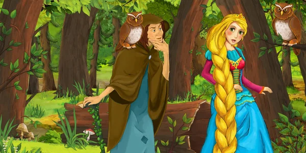 卡通场景与快乐的年轻女孩公主和女巫在森林中遇到一对猫头鹰飞 插图为儿童 — 图库照片