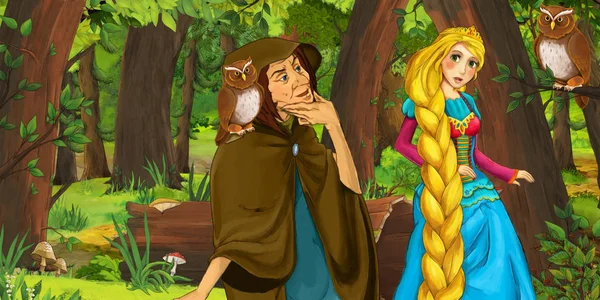 Cartoon Scene Happy Young Girl Princess Sorceress Witch Forest Encountering — Stock Photo, Image