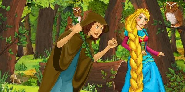 フクロウのペアに遭遇する森の中で幸せな若い女の子の王女と魔術師の魔女との漫画のシーン 子供のためのイラスト — ストック写真
