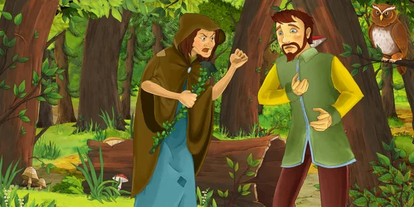 Zeichentrickszene Mit Fröhlichem Jungenprinzen Und Zauberhexe Wald Die Einem Eulenpaar — Stockfoto