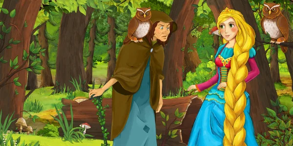 フクロウのペアに遭遇する森の中で幸せな若い女の子の王女と魔術師の魔女との漫画のシーン 子供のためのイラスト — ストック写真