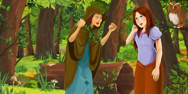 Cartoon Scène Met Gelukkig Jong Meisje Prinses Tovenares Heks Het — Stockfoto