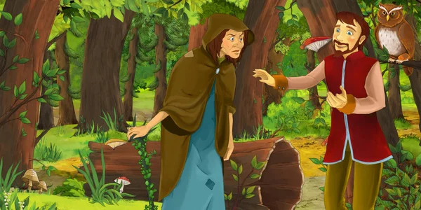 Cartoon Scene Happy Young Boy Prince Sorceress Witch Forest Encountering — Stock Photo, Image