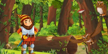 ormanda mutlu cüce ile karikatür sahnesi - çocuklar için illüstrasyon