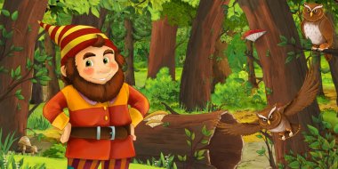 ormanda mutlu cüce ile karikatür sahnesi - çocuklar için illüstrasyon