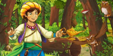 bazı baykuş kuşlar yakınında ormanda gezgin veya prens ile karikatür sahne - çocuklar için illüstrasyon