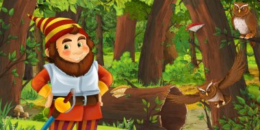 ormanda mutlu cüce ile karikatür sahnesi - çocuklar için illüstrasyon