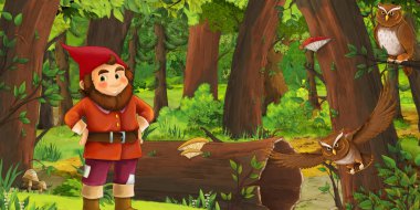 bazı baykuşlar kuşlar yakın ormanda mutlu cüce ile karikatür sahnesi - çocuklar için illüstrasyon