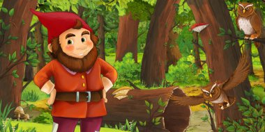 bazı baykuşlar kuşlar yakın ormanda mutlu cüce ile karikatür sahnesi - çocuklar için illüstrasyon