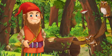 bazı baykuşlar kuşlar yakın ormanda mutlu cüce ile karikatür sahnesi - çocuklar için illüstrasyon