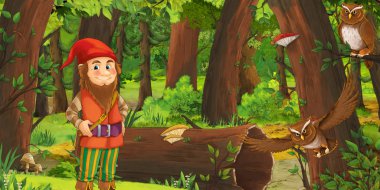 bazı baykuşlar kuşlar yakın ormanda mutlu cüce ile karikatür sahnesi - çocuklar için illüstrasyon