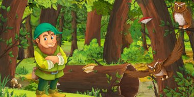 bazı baykuşlar kuşlar yakın ormanda mutlu cüce ile karikatür sahnesi - çocuklar için illüstrasyon