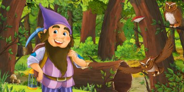 bazı baykuşlar kuşlar yakın ormanda mutlu cüce ile karikatür sahnesi - çocuklar için illüstrasyon