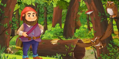 bazı baykuşlar kuşlar yakın ormanda mutlu cüce ile karikatür sahnesi - çocuklar için illüstrasyon